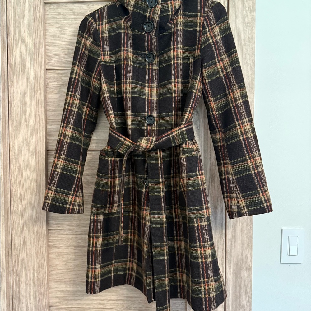 Michael Kors Black and Tan Plaid Trench Coat